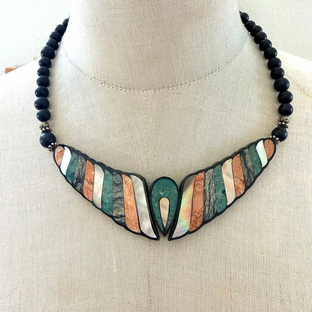 Artisan Inlay Wing Statement Necklace Mother of Pearl & Stone Bib